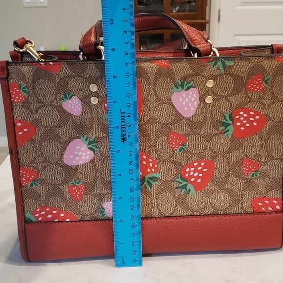 Coach Brown Signature Satchel with Red & Pink Strawberry Print Size Medium - Picture 7 of 16